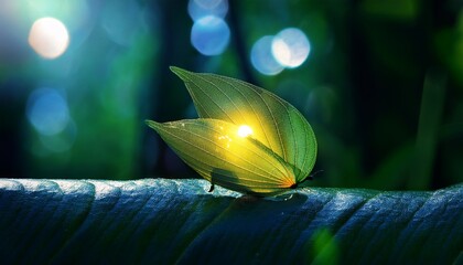 Magical Firefly Glowing On Leaf In Nighttime Forest