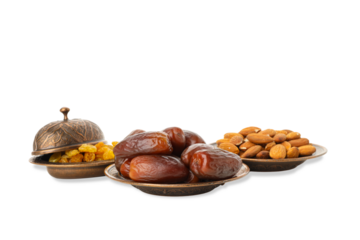 Traditional Ramadan snacks arranged, isolated on white, PNG