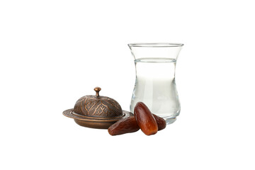 Ramadan, Arabic dish, dates and glass of water, isolated, PNG