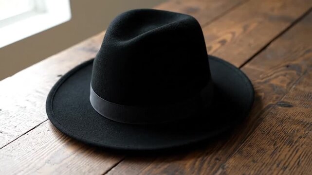 A classic black fedora hat with a grey band sits on a rustic wooden surface, evoking a sense of vintage style and sophistication