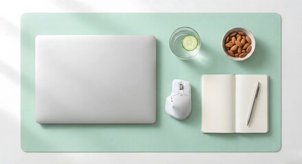 Home office wellness knolling with ergonomic mouse glass of water and healthy snacks, flat lay of organized workspace for productivity and mental health, top view of remote work balance 
