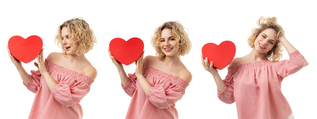Set, Valentines Day, girl holding red hearts and smiling, PNG