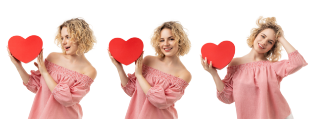Set, Valentines Day, girl holding red hearts and smiling, PNG