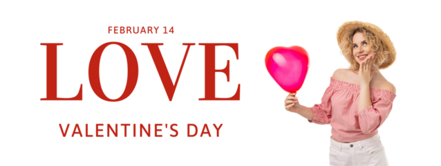 Valentine's Day features a woman holding a pink heart balloon, PNG