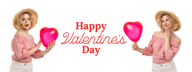 Valentine's Day brings cheer with a woman holding heart balloons, PNG