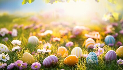 Bright Outdoor Spring Meadow Filled With Flowers And Scattered Easter Eggs Glowing In Sunlight