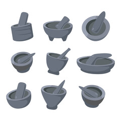 Set Of Mortar And Pestle Icons For Kitchen Spice Grinding And Cooking