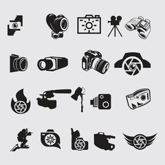 Collection Of Photography And Media Icons For Stock Use: Cameras, Lenses, Lighting, And Filmmaking

