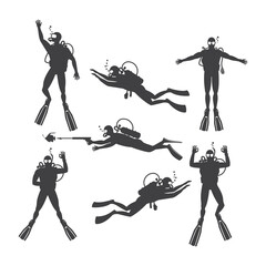 Group of Divers in Silhouette Wearing Scuba Gear and Fins Underwater Scene