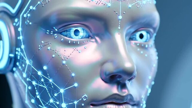 Futuristic AI Bias Auditing concept depicting a sophisticated android face with glowing blue circuits representing data flow and intelligence.