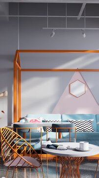 3D render vertical animation of a pet-friendly caf&eacute;