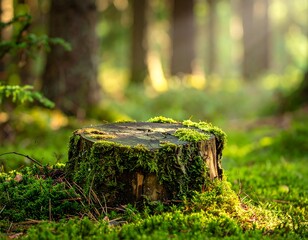 Obraz premium Mossy stump in forest clearing bathed in sunlight, surrounded by green foliage and tree trunks, blurred backdrop