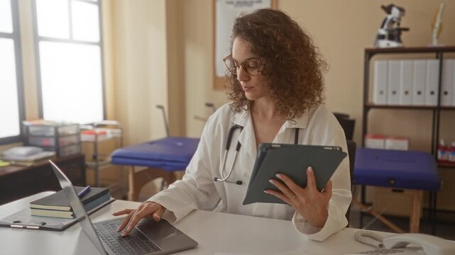 Woman doctor with stethoscope typing on laptop and holding tablet in clinic building while referencing notes on screen; focused care.
