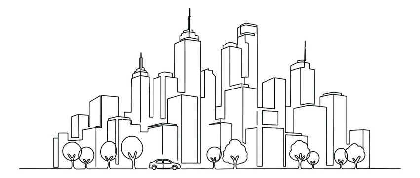 Continuous line art illustration of a cityscape depicting modern architecture for urban development concepts