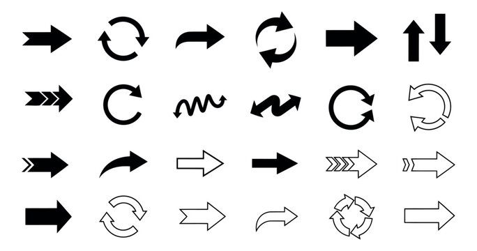 Clean line art and solid arrow icon set featuring navigation and refresh symbols for user interface design