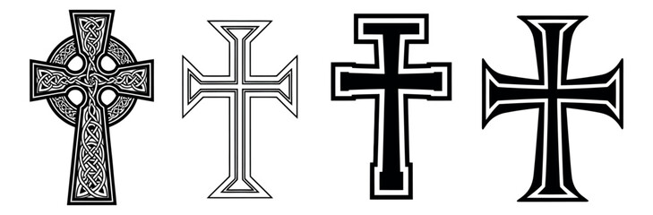 Stylized graphic cross set featuring various religious and decorative designs for spiritual and historical themes