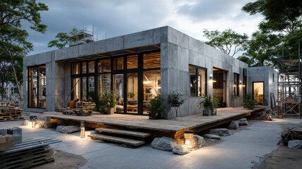 Modern Concrete House with Wooden Deck and Large Glass Windows