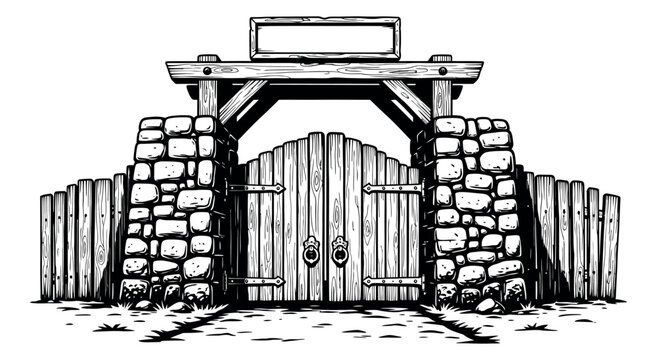 Hand drawn line art illustration of a rustic entrance depicting a wooden gate with stone pillars and a blank sign for property design