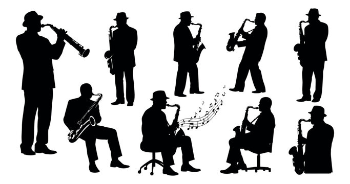 Silhouette saxophone player set featuring men playing various saxophones for music and jazz performances