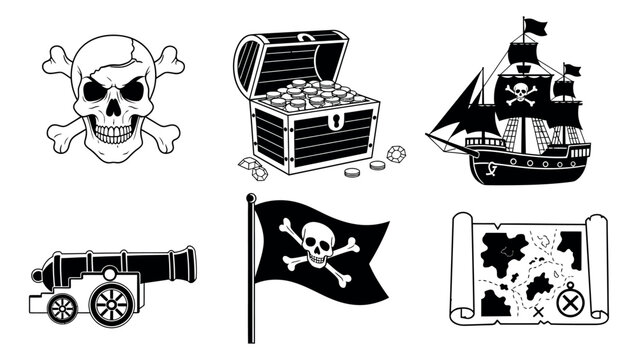 Line art pirate icon set featuring a skull and crossbones, treasure chest, ship, and map for adventure designs