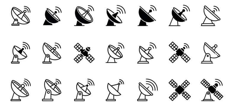 Modern line art and solid icon set featuring satellite dishes and communication satellites for digital communication projects