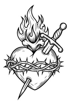 Hand drawn line art illustration of Sacred Heart depicting a flaming heart pierced by a sword and nail, surrounded by a crown of thorns for religious symbolism
