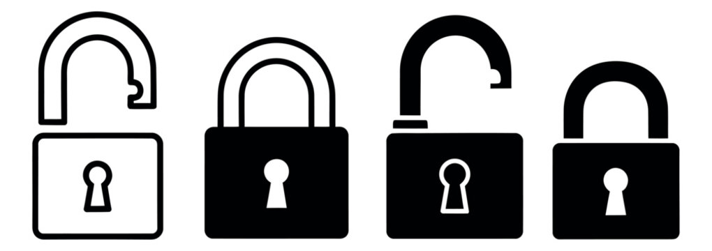 Clean icon padlock set featuring open and closed locks for security and access control