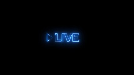 A bright blue neon sign displaying the word LIVE" with a play button to its left, all glowing against a dark black background, indicating a live broadcast