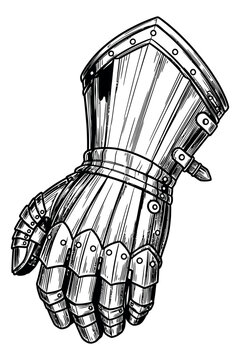 Hand drawn line art illustration of a medieval gauntlet depicting armored hand protection for historical designs