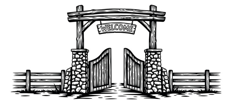 Hand drawn line art illustration of a rustic welcome gate depicting an open entrance for ranch hospitality