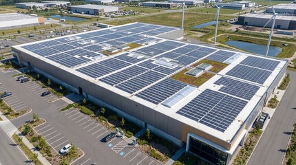 Extensive rooftop solar panel installation powering a modern commercial building, promoting sustainable energy and environmental responsibility for a greener future