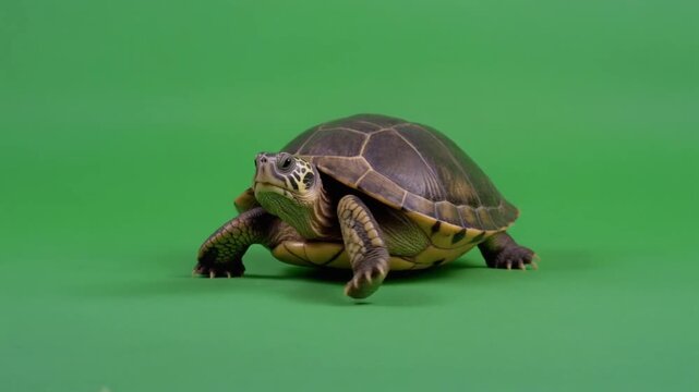 Walking turtle isolated on green screen