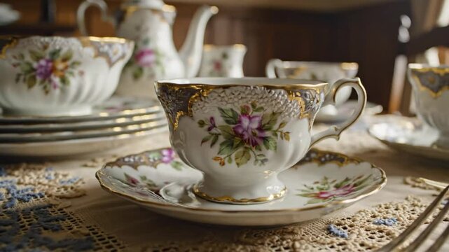 Elegant porcelain teacups set for tea party with gold accents, floral design on table with lace doily, close up