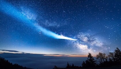A Bright Comet Streaks Across A Star Filled Night Sky Glowing Blue Within A Dense Cosmic Cloud