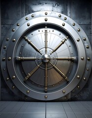 Metallic vault door. Industrial look, a large circular locking mechanism with several spokes. Safe and secure design