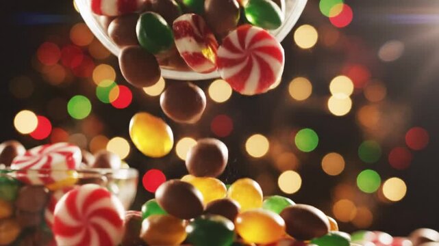 Festive candy assortment pouring from a glass bowl with bokeh background, holiday treats falling down