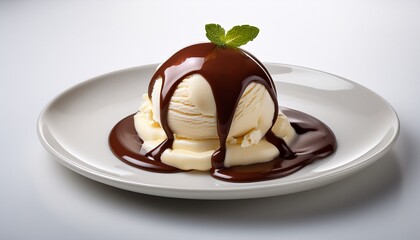 Decadent Chocolate Sauce Drizzled Over Creamy Vanilla Ice Cream Clean Plate Food Minimalist Style