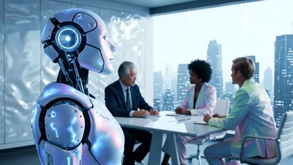 Futuristic AI Bias Auditing discussion featuring a diverse team of professionals and an advanced humanoid robot in a bright boardroom. - Powered by Adobe