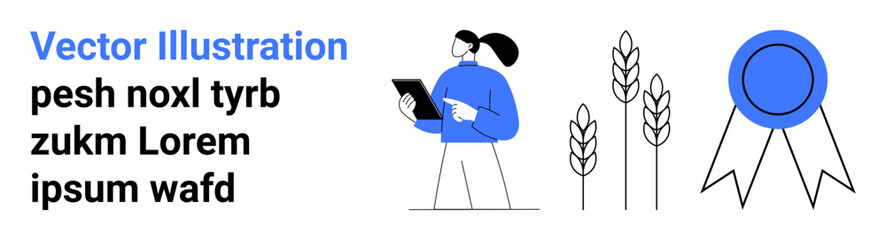 Obraz premium Agriculture, farming, sustainability, recognition, productivity, achievement. Woman holding a tablet, wheat stalks blue award badge. Agriculture and farming for growth and recognition