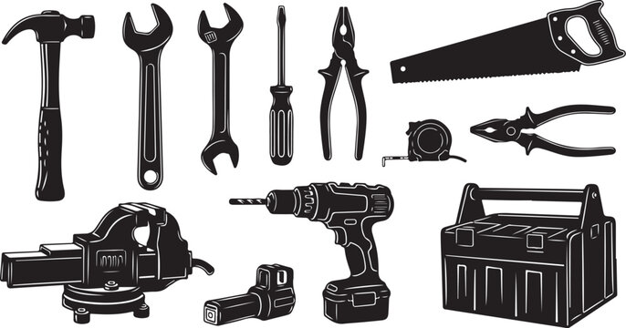 Collection of various black tools and equipment on white