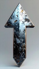 Metallic, worn arrow pointing upward, with scuffs and rust, casts shadow against soft gray gradient backdrop