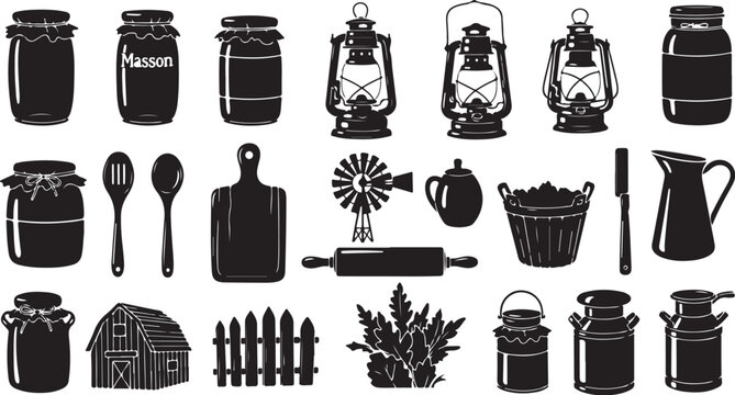 Black and white farmhouse kitchen utensils and tools illustration set
