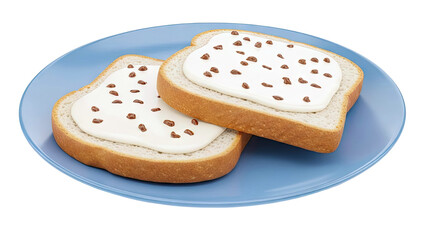 Toast with white spread and chocolate chips on a blue plate