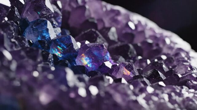Mesmerizing close up shot of vibrant amethyst geode crystals in various shades of purple with sparkling facets