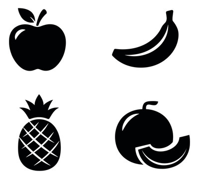 Minimalist fruit icons set featuring an apple, banana, pineapple, and melon for healthy food concepts