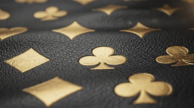 Luxurious Close Up of Black Leather Surface with Embossed Golden Playing Card Suit Symbols, Elegant Design