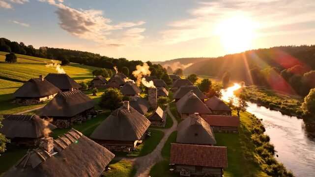 Aerial view of a historic village with thatch roofs, a river, and a sunrise, creating a serene rural scene
