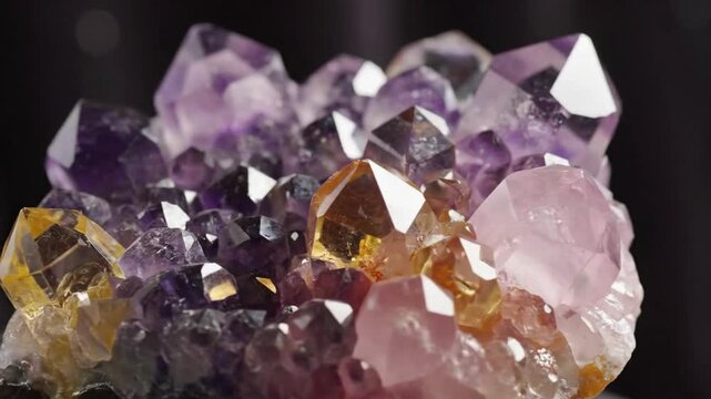 Mesmerizing close up of colorful crystal cluster featuring amethyst, citrine and rose quartz gemstone display