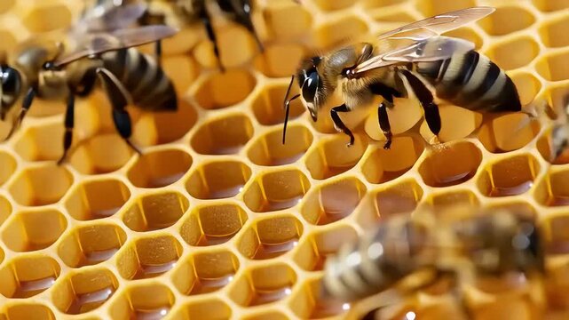 Bees on Honeycomb Macro Close Up View Bees Making Honey Worker Bees Gathering Nectar Beehive Frame Apiculture Honey Production Apis Mellifera
