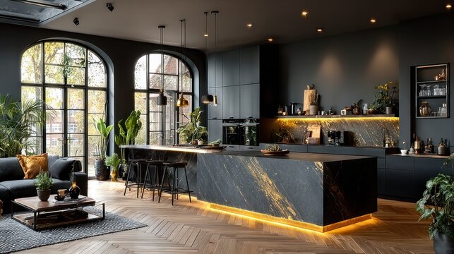 Elegant modern black kitchen with marble island and cozy living area filled with plants